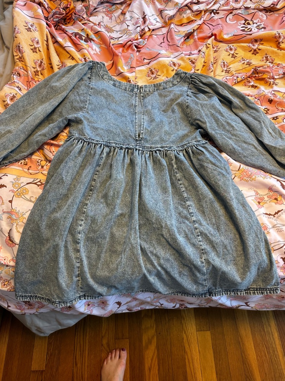 Free People Washed Denim Puff-Sleeve Midi Dress - Blue *small tear